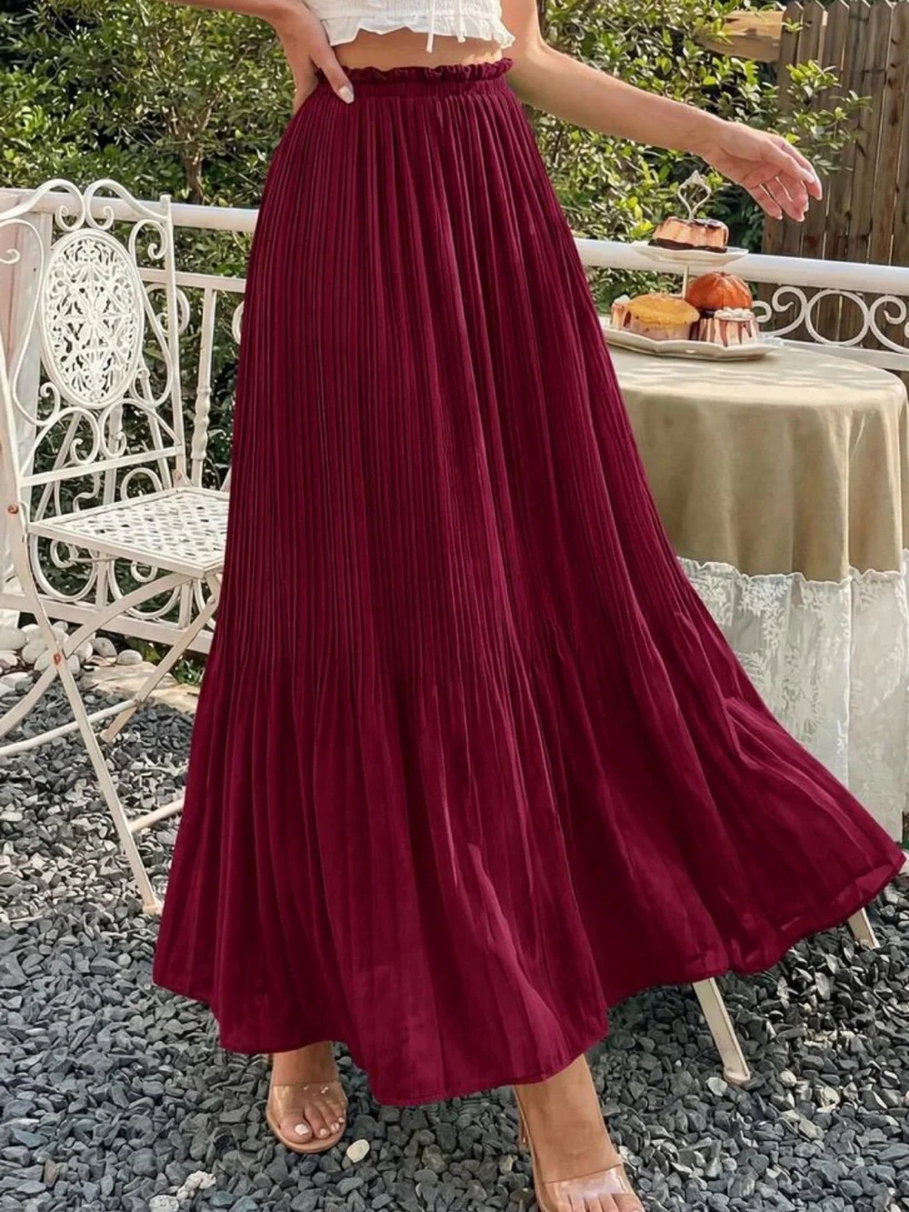 Pleated Burgundy Maxi Skirt - Elegant Women's Skirt